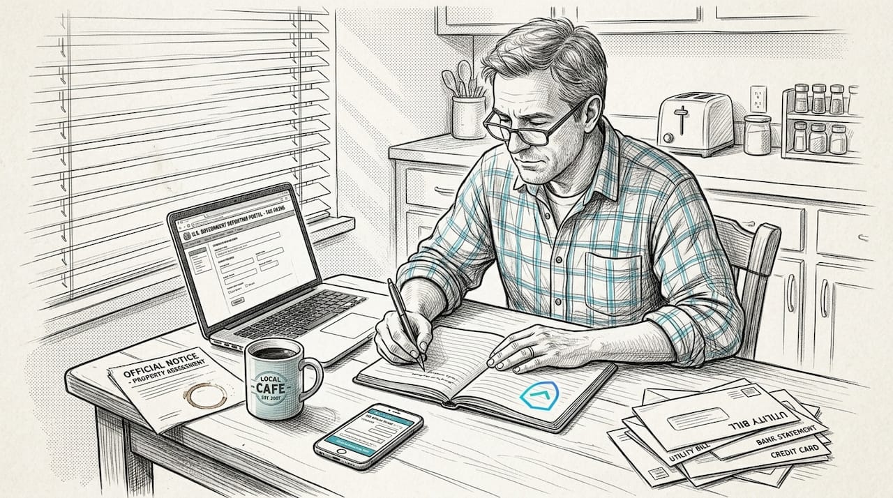 Man reviewing scam support resources at home