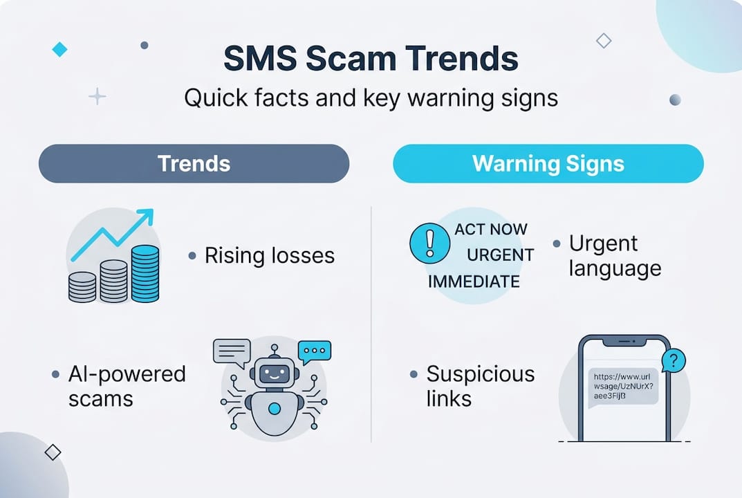 Infographic with SMS scam trends and signs