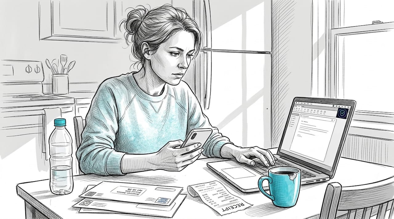 Woman checking suspicious SMS at home