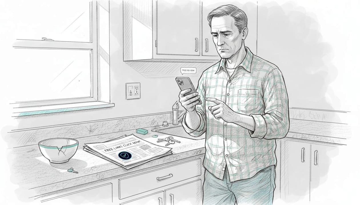 Man cautiously reading scam text message