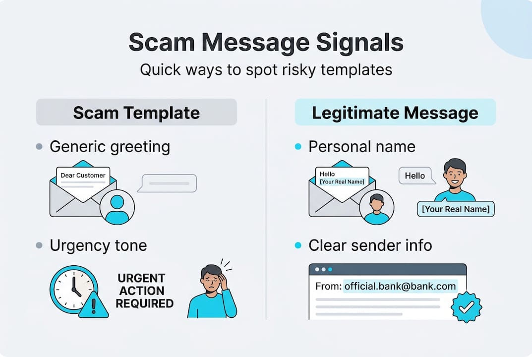 Infographic comparing scam and safe message signals