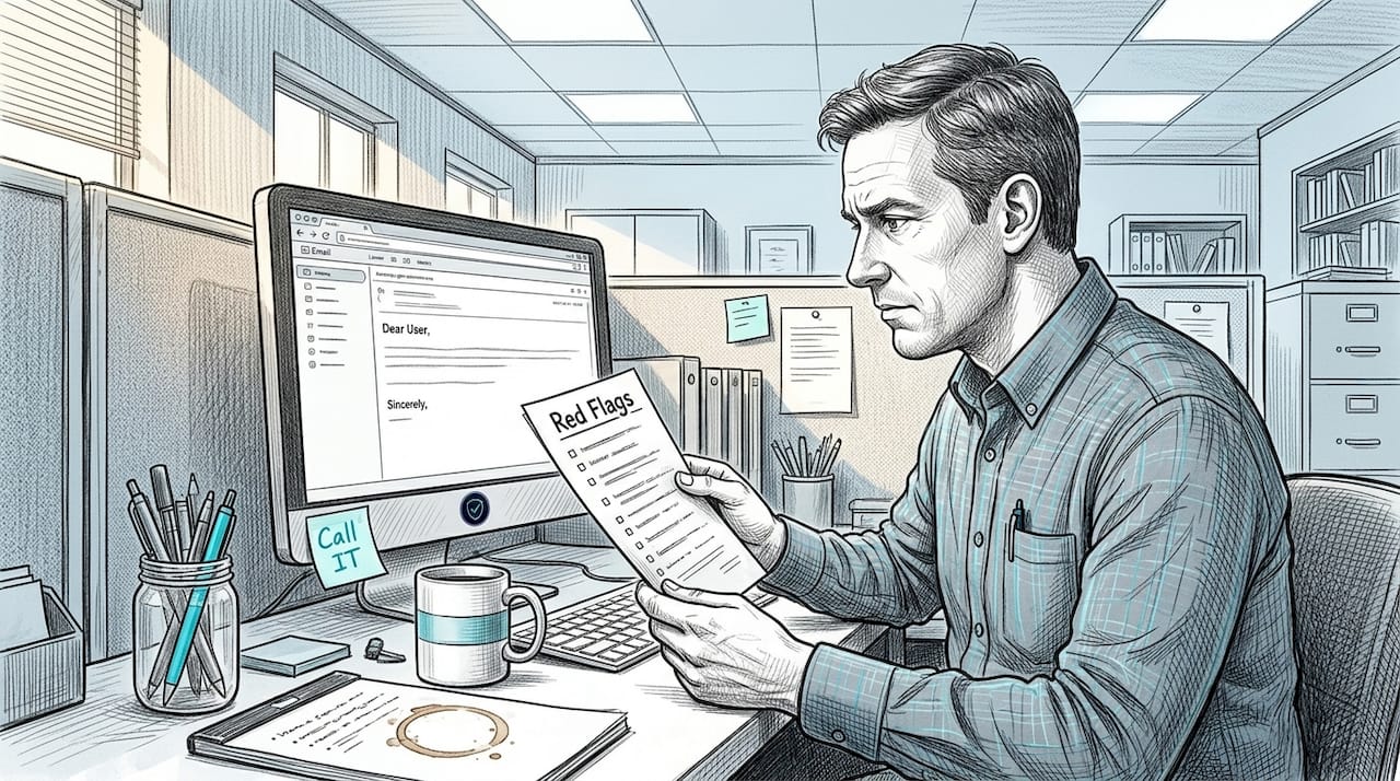 Man checking scam email red flags at work