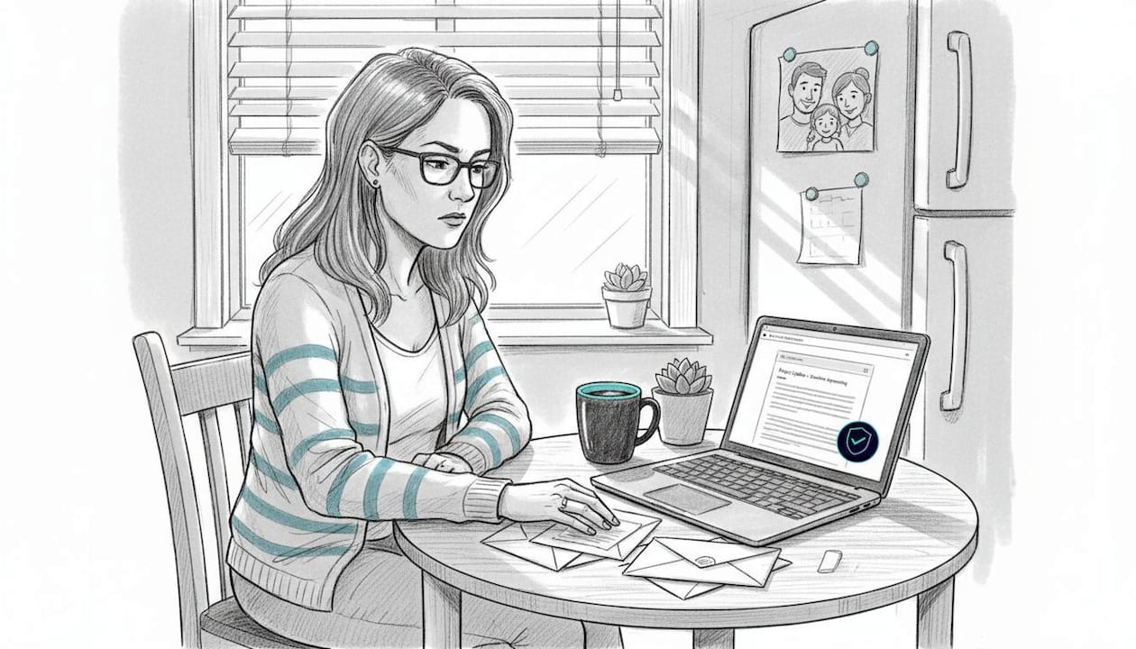 Woman reading suspicious email at home table