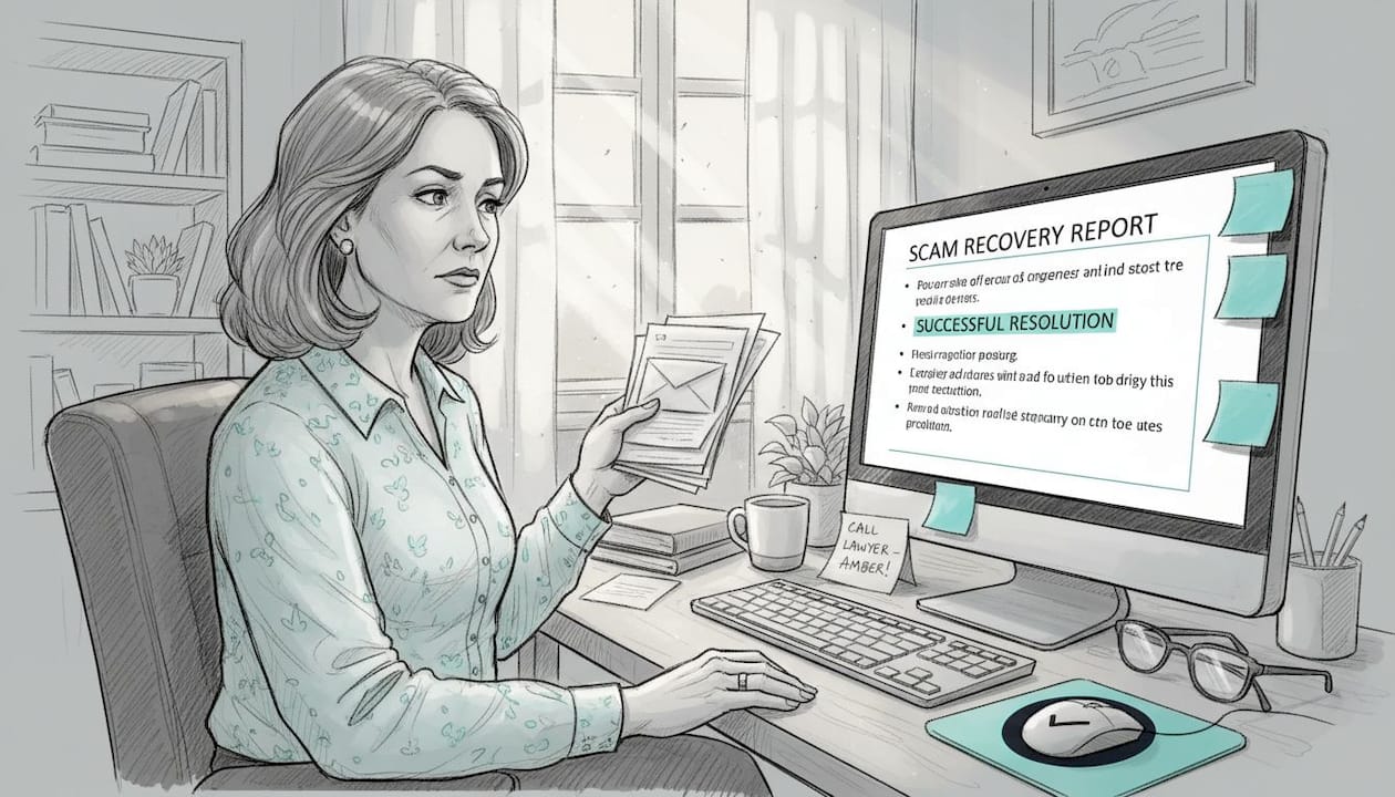 Woman reviewing scam recovery process report