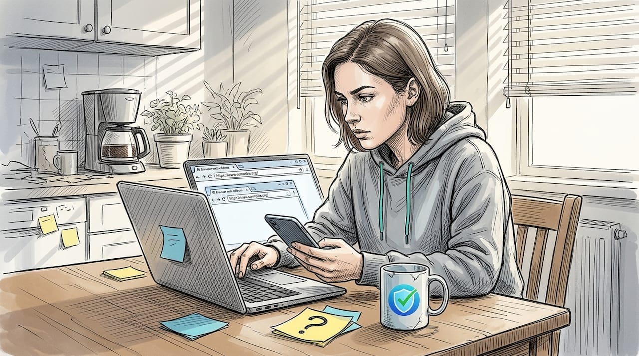 Woman verifying website link on laptop and smartphone