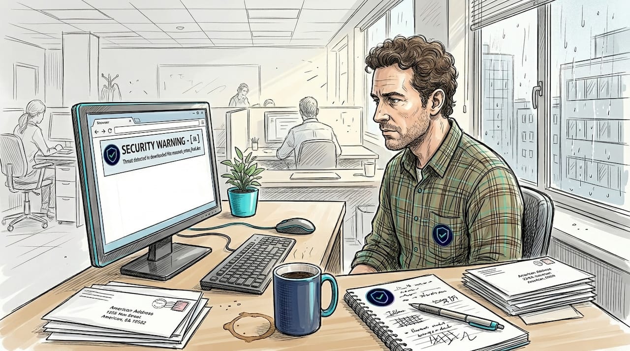 Man using URL checking tool at office desk