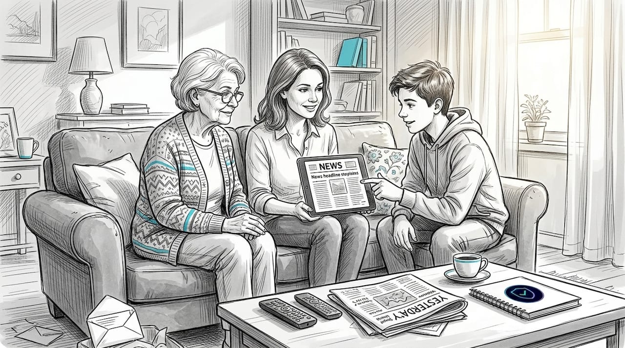 Family talks about scams in living room