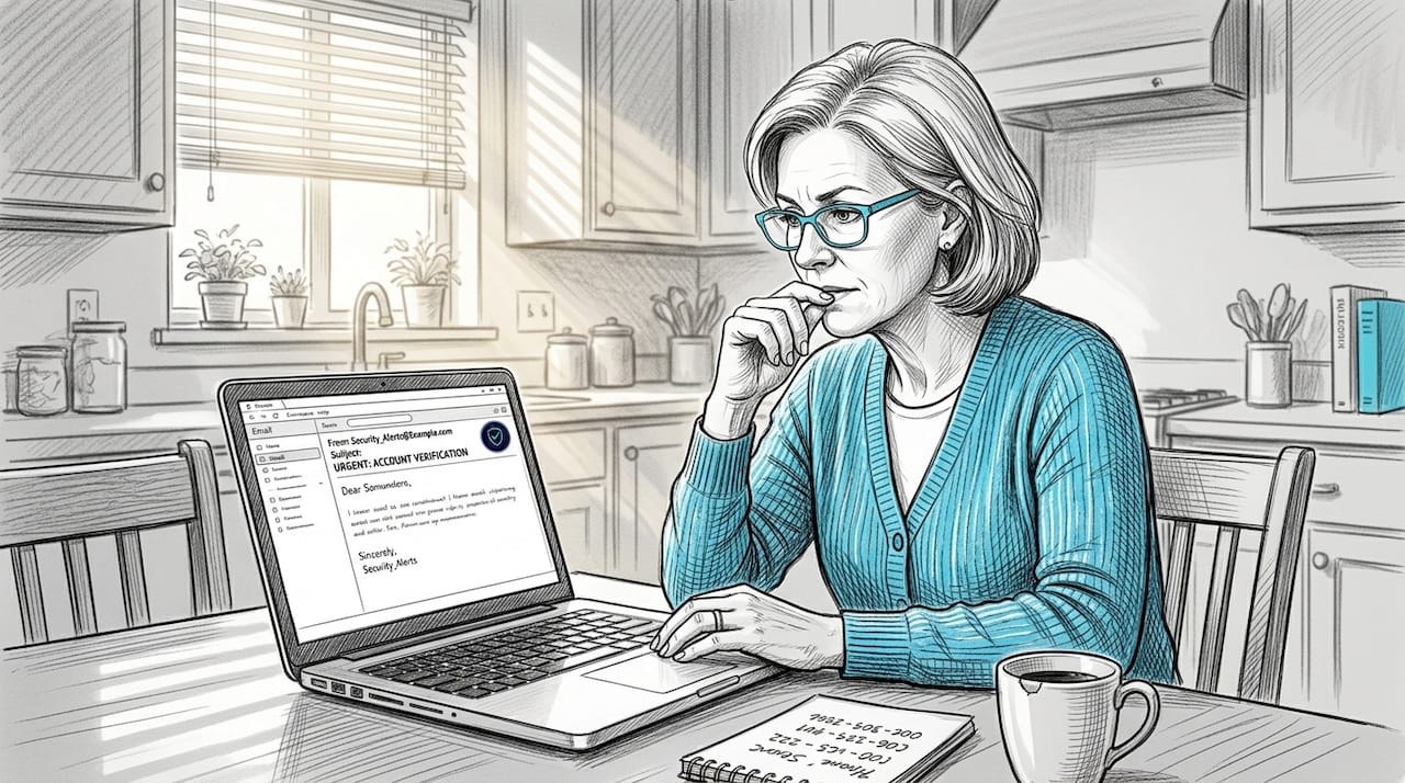 Woman reviewing suspicious email at kitchen table
