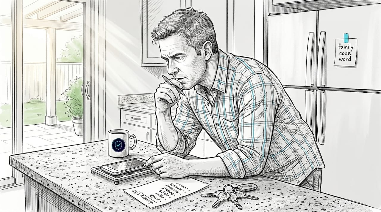 Man listening to phone discussing scam