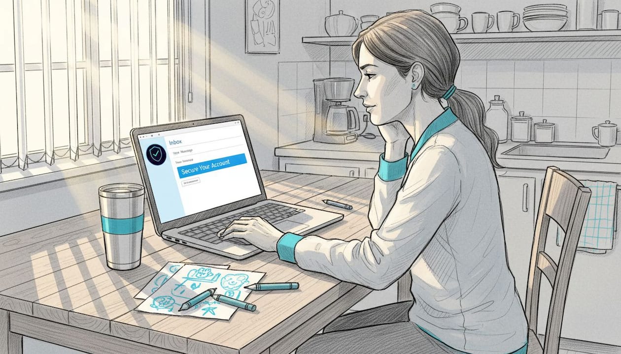 Woman checking email link at kitchen table