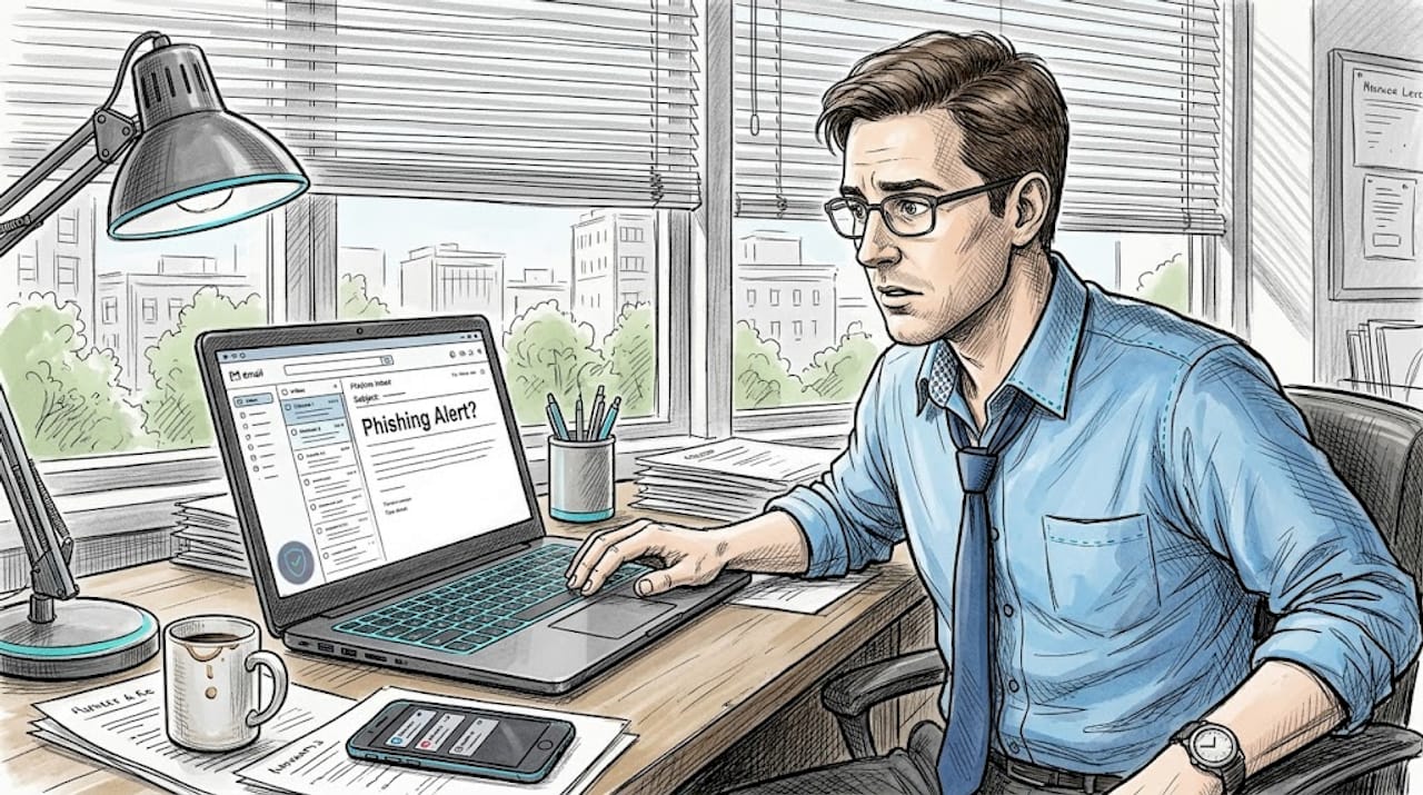 Professional checking suspicious email at desk