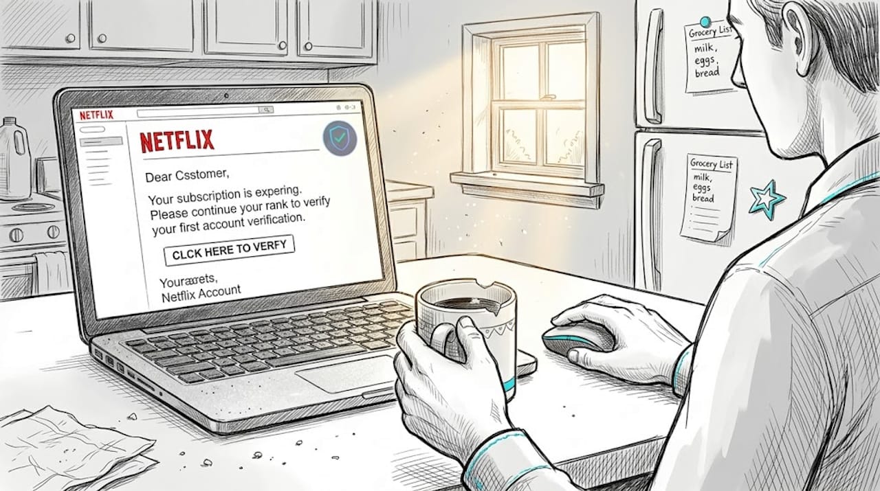 Laptop showing fake verification email in kitchen