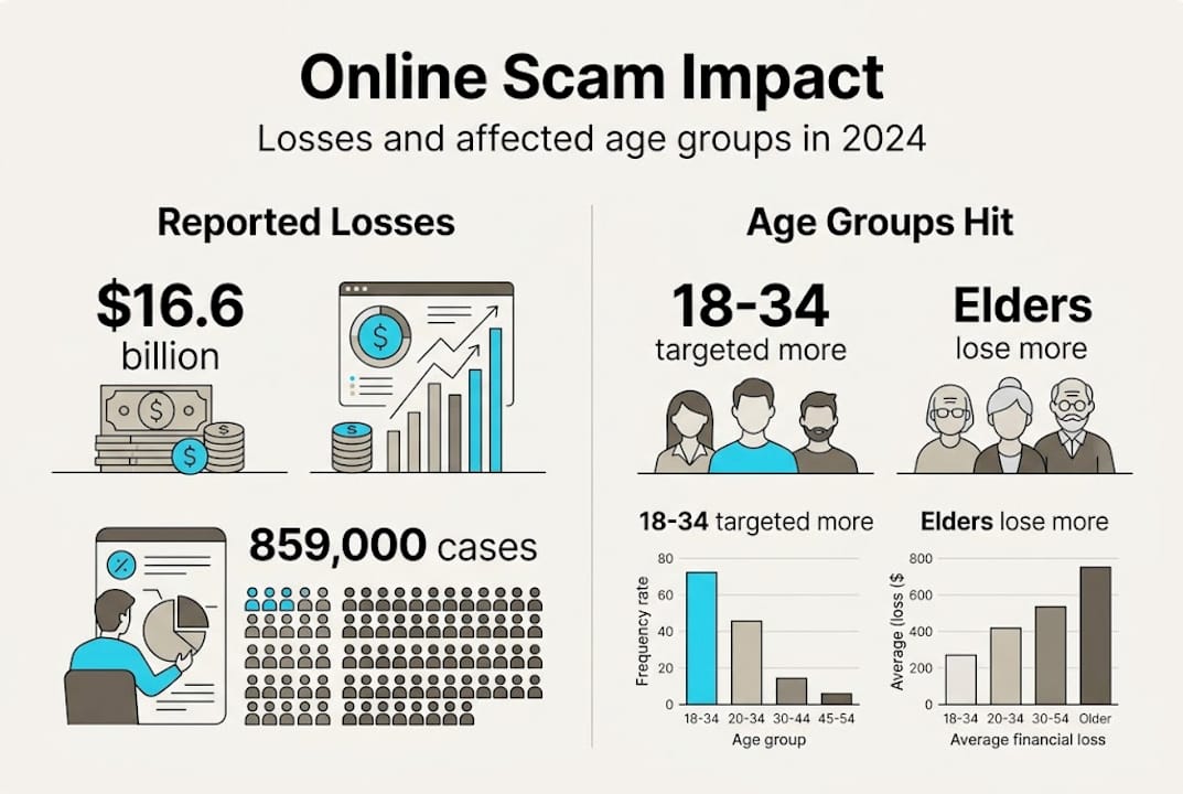 Infographic showing scam losses and age groups