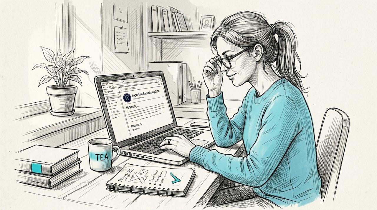Woman reading scam simulation email at home desk