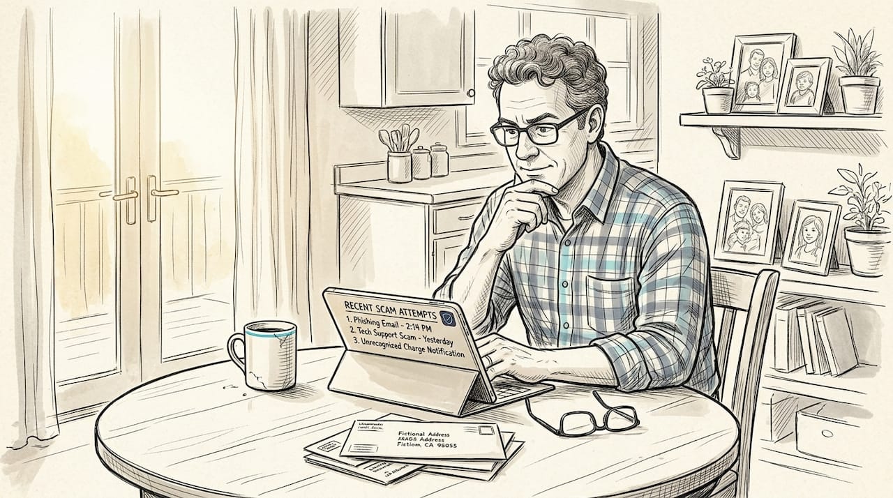 Man reviewing phishing and scam examples at kitchen table