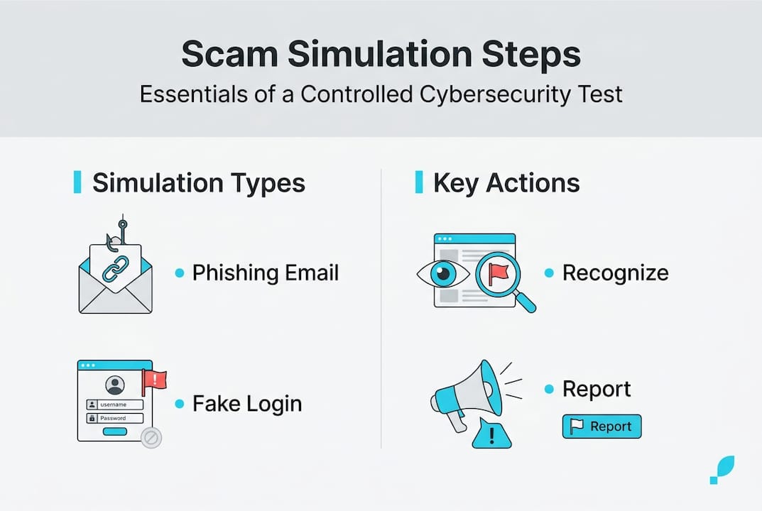 Infographic showing scam simulation steps and actions