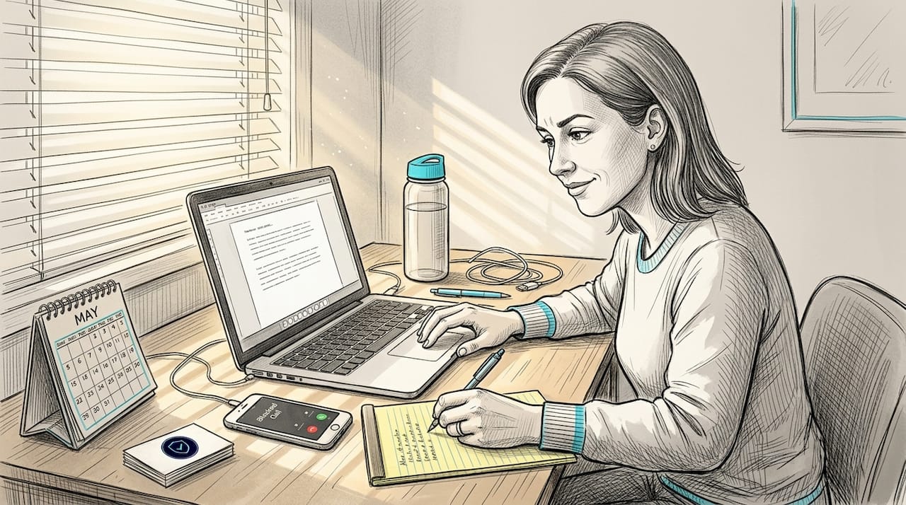 Woman researching scam phone calls at desk