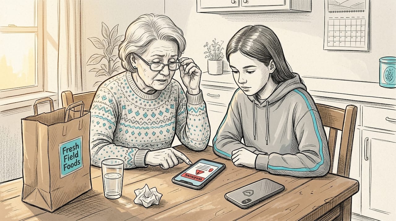 Teen and grandmother discuss scam warning message