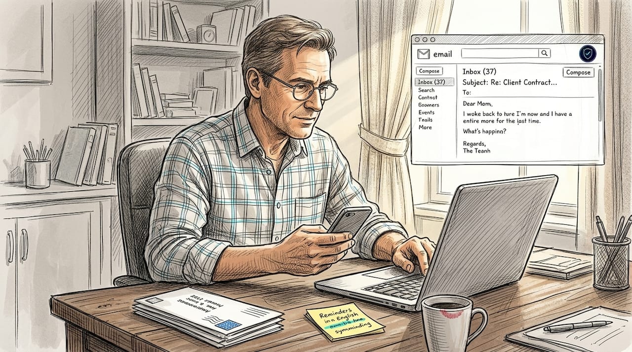 Man verifying message at home office