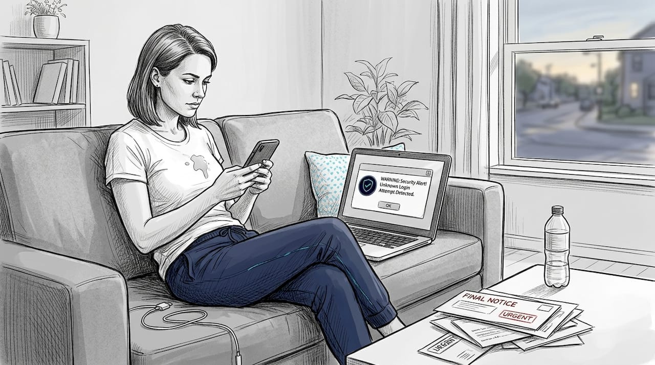 Woman replying to suspicious text on couch