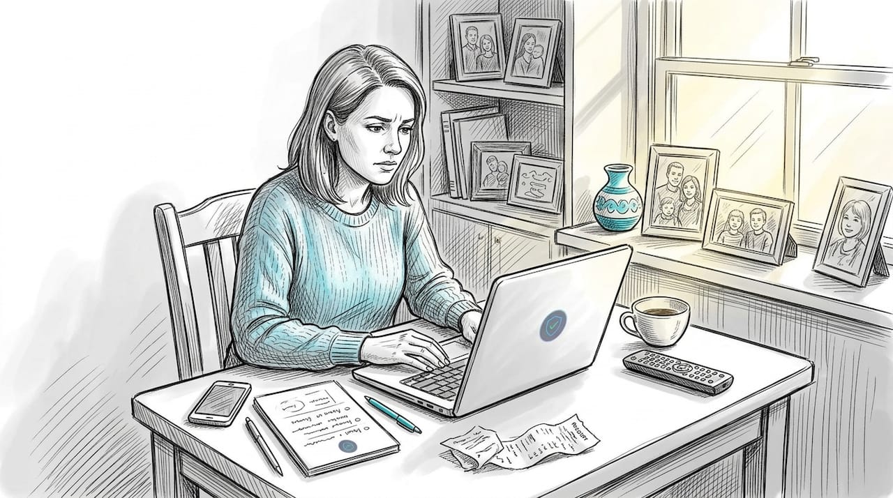 Woman reviews scam email at home desk