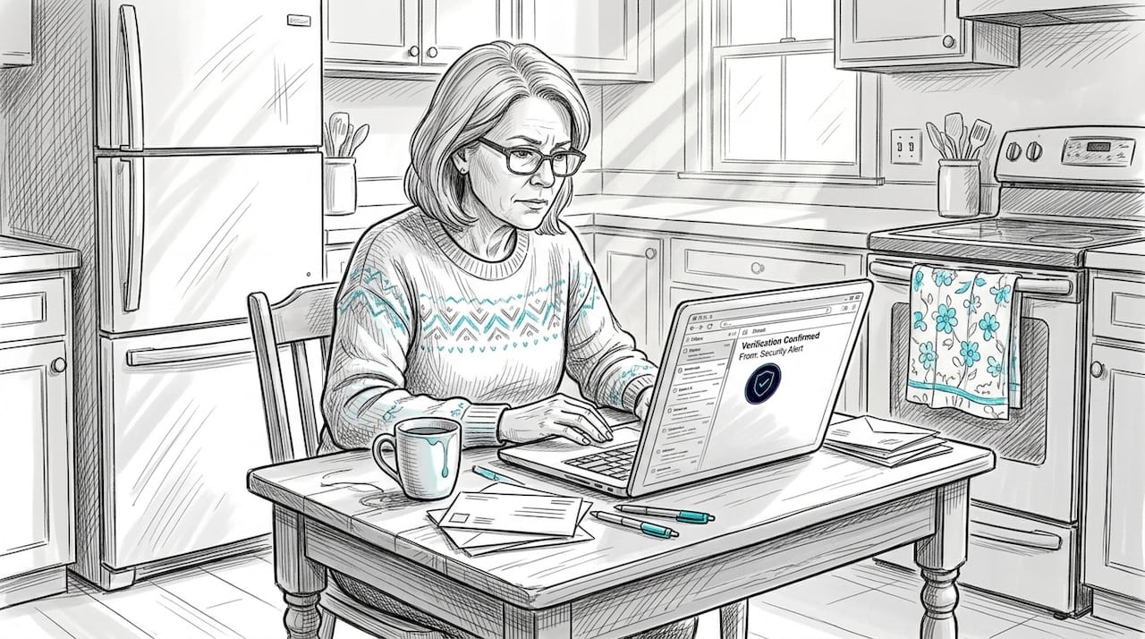 Woman examining suspicious email at kitchen desk