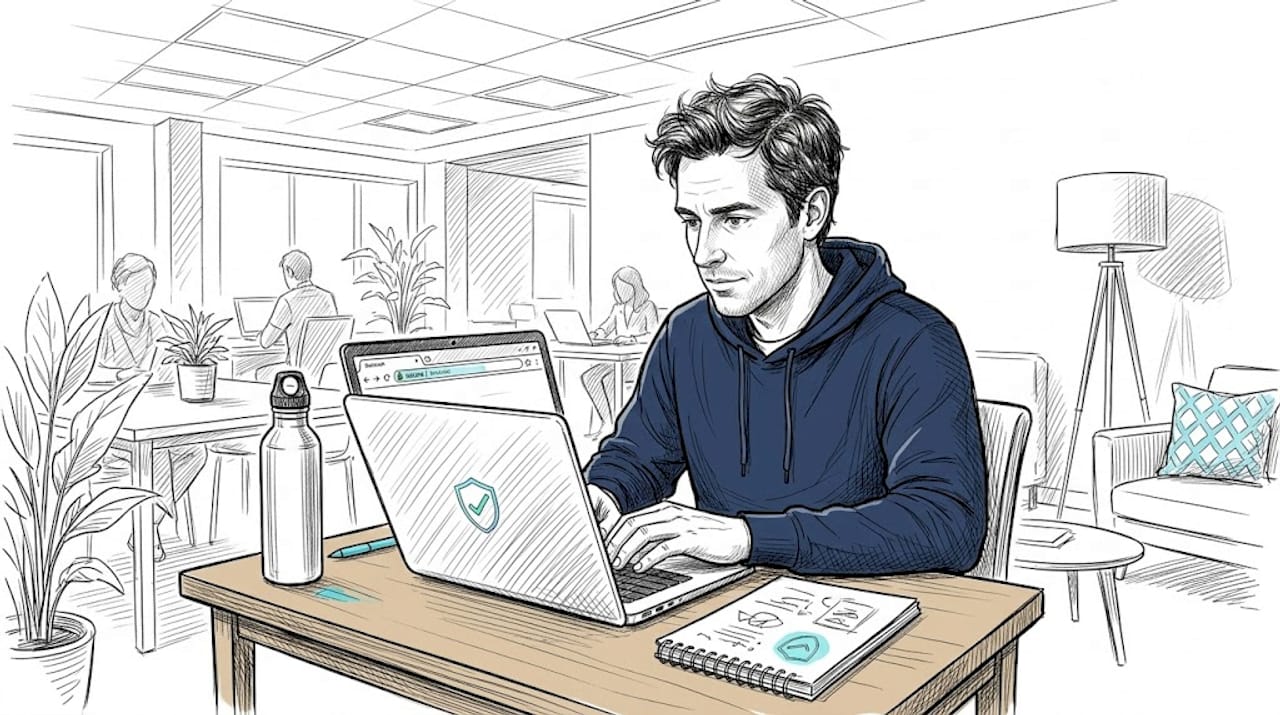 Man verifying website link on laptop