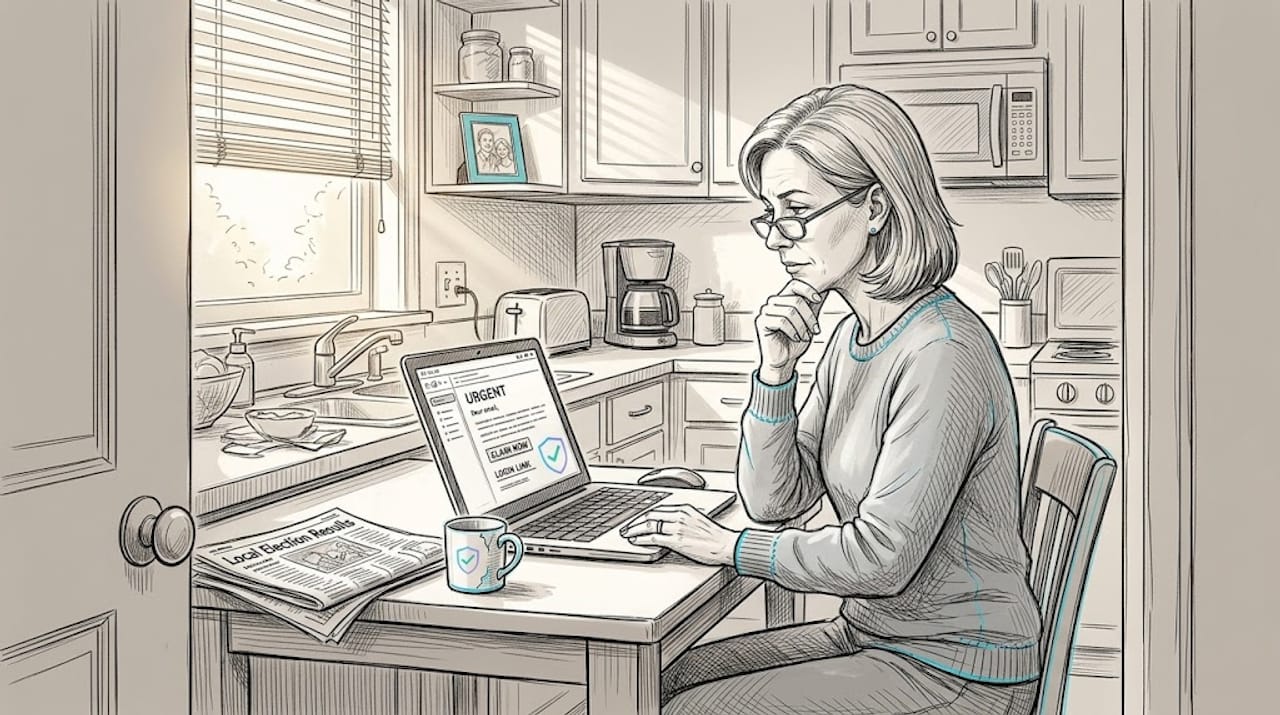 Woman checking suspicious email at kitchen table