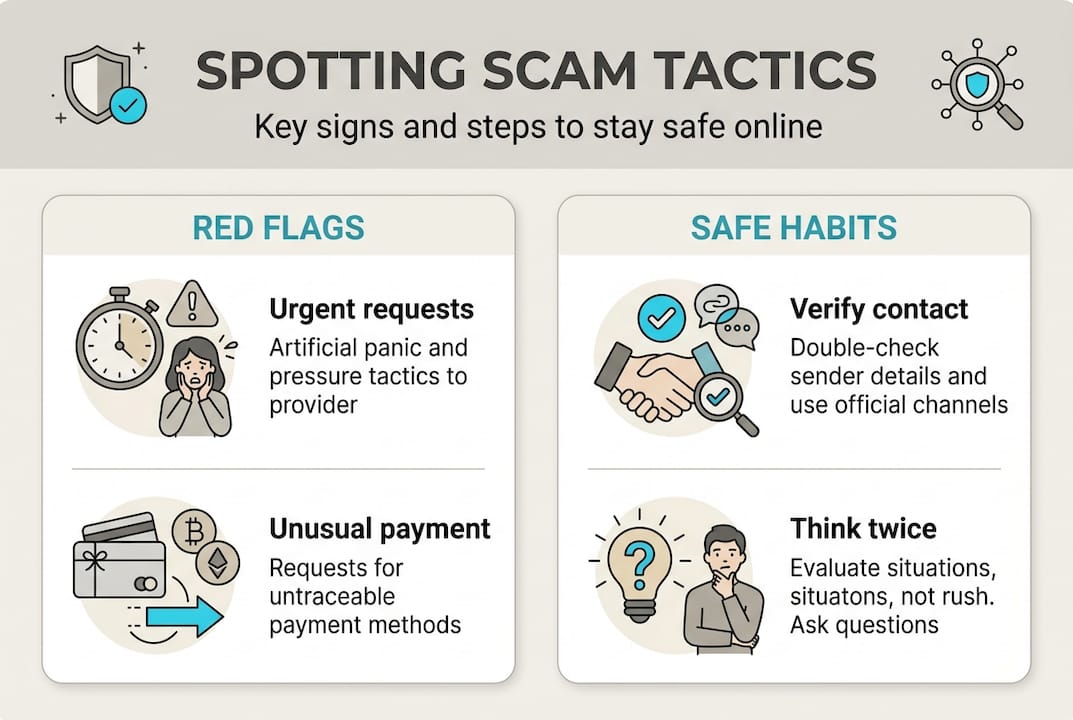 Infographic of scam spotting red flags and safe habits