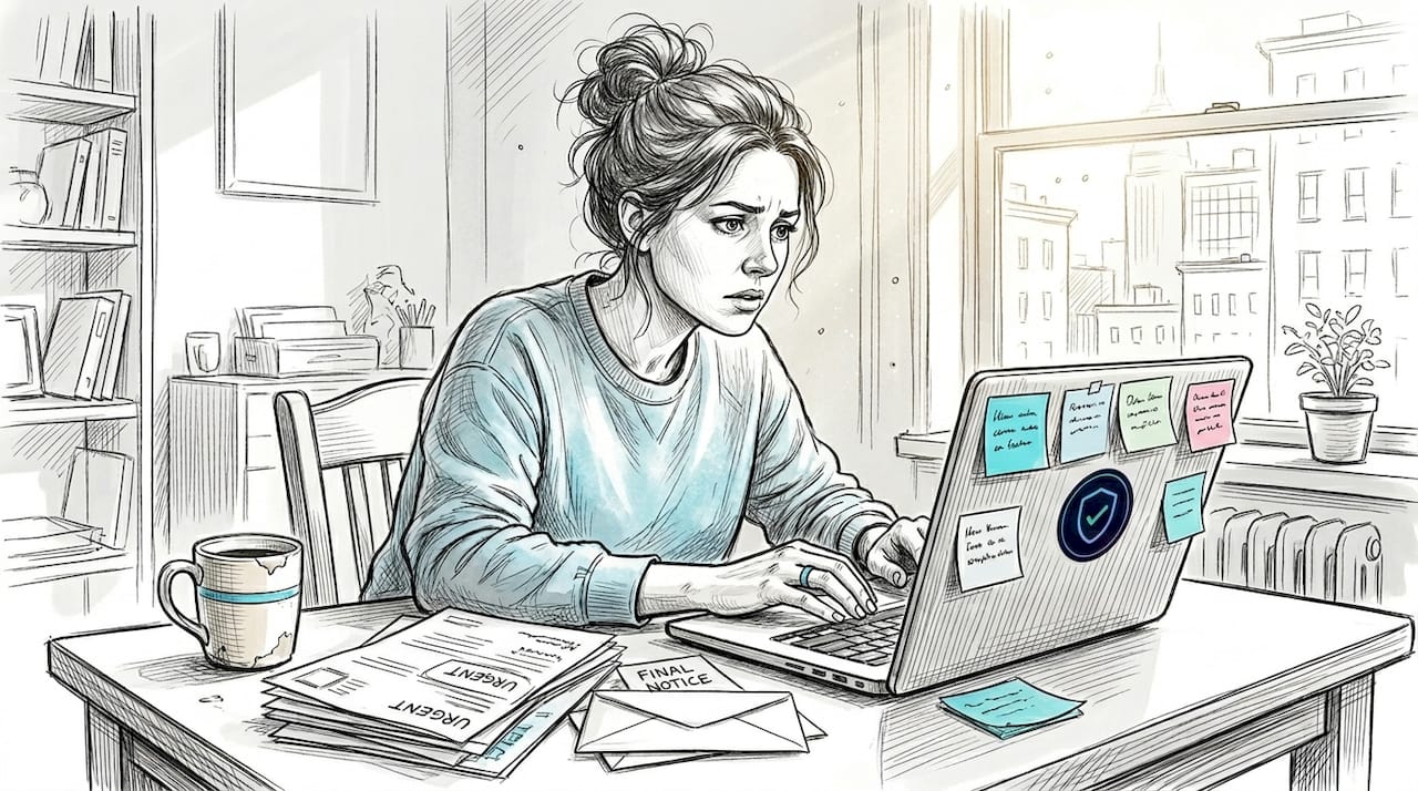 Woman checking suspicious email at home table