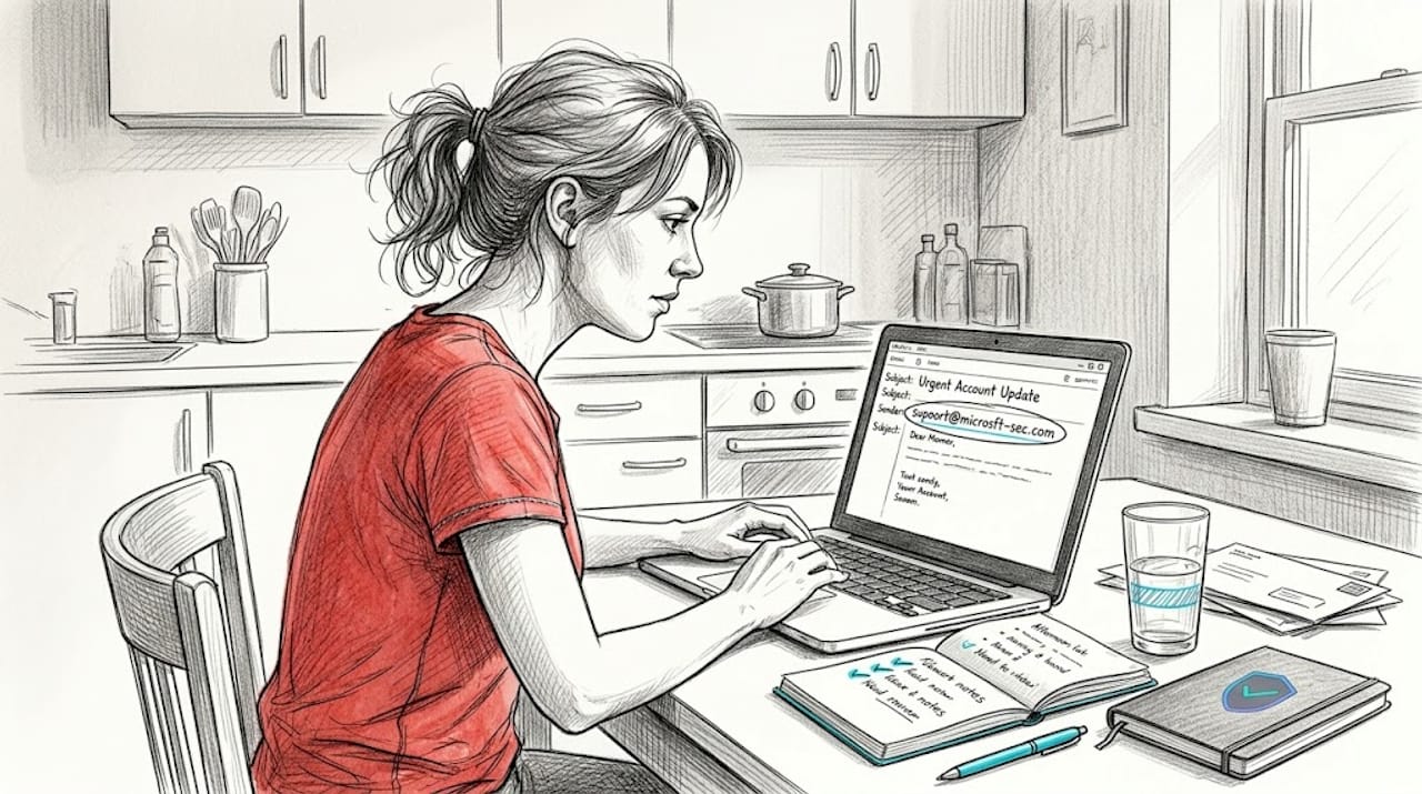 Woman checking email for fake domain clues