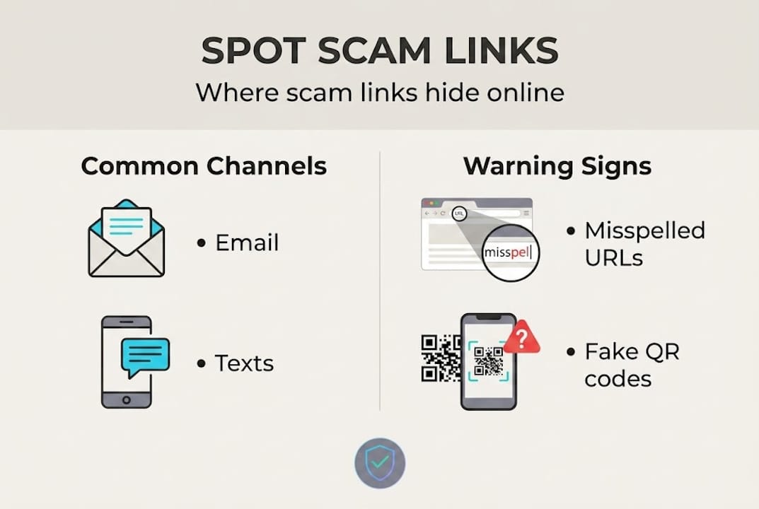 Infographic showing scam link sources and warning signs