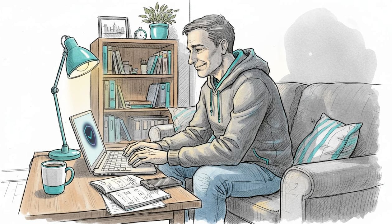 Man cautiously engages online at home