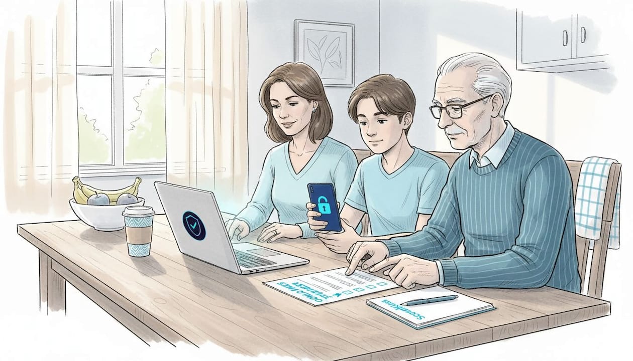 Family reviewing email safety checklist at kitchen table