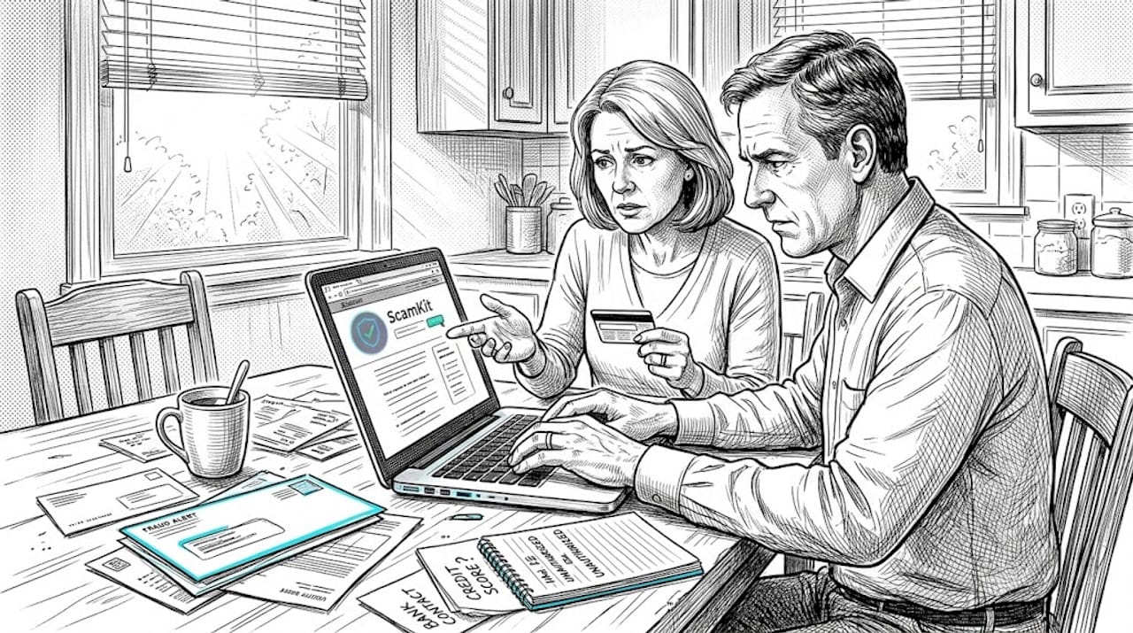 Couple concerned over possible online fraud at kitchen table
