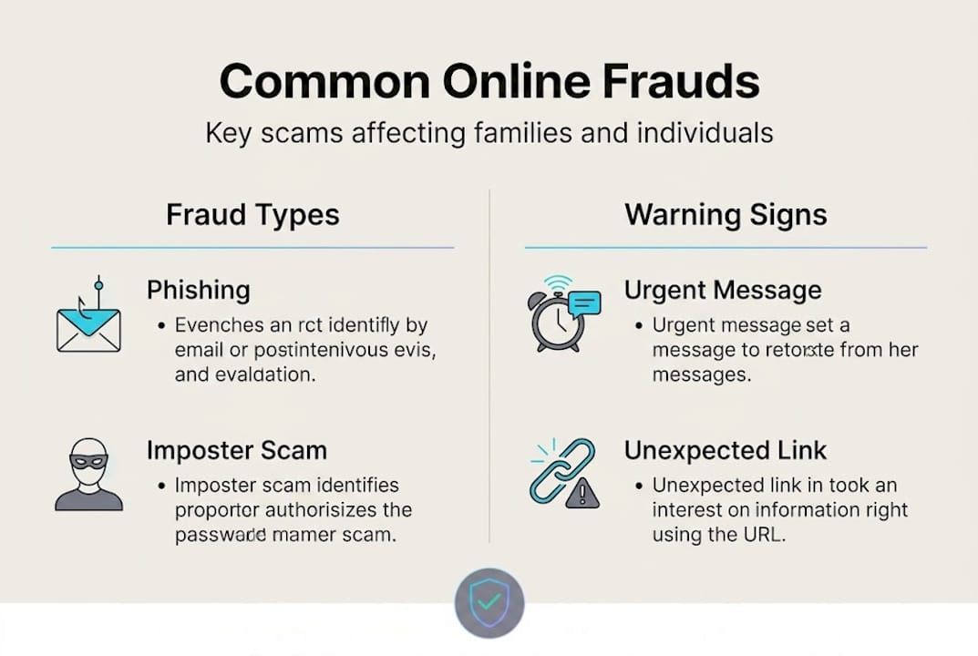 Infographic listing online fraud types and warning signs