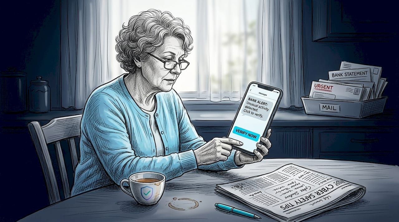 Woman reviewing suspicious bank text message