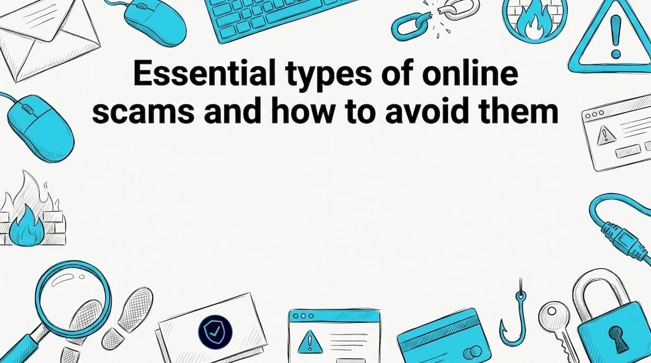 Hand-drawn blog title card illustration with scam-related objects