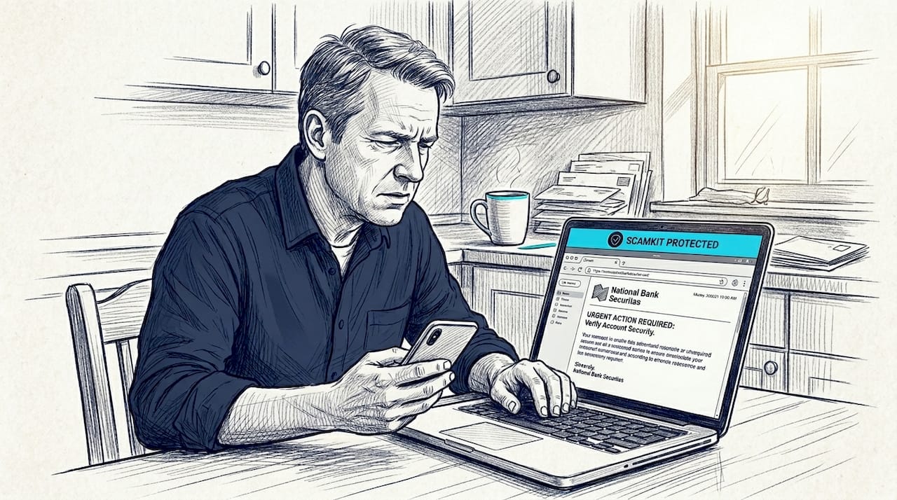 Man at kitchen table reviewing suspicious email