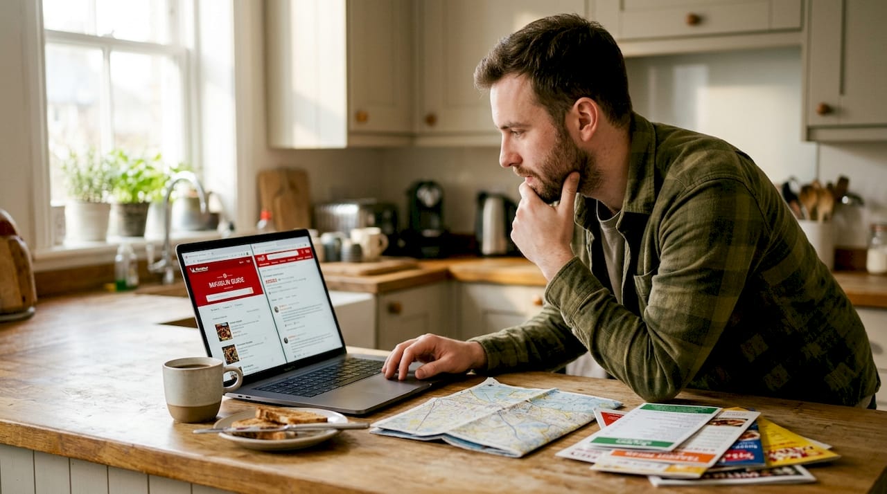 Man comparing restaurant sites in kitchen