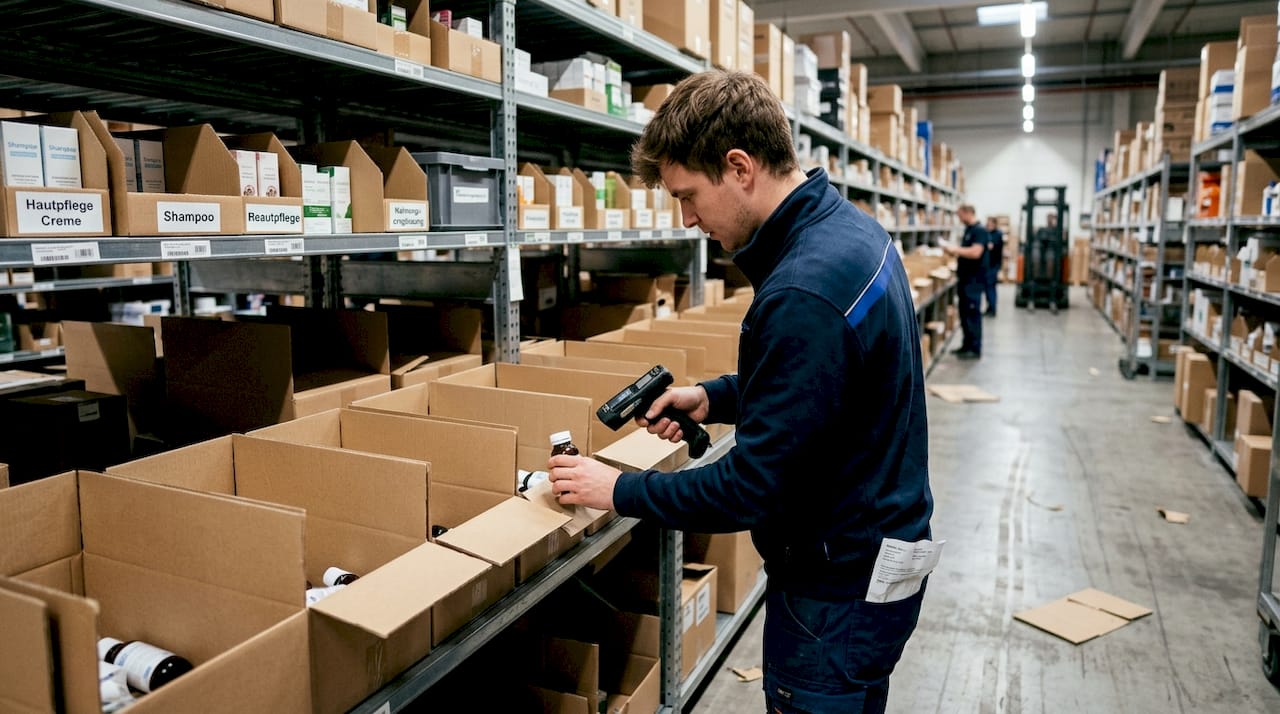Ein Lagerarbeiter erfasst Waren mit einem Scanner, um Online-Bestellungen vorzubereiten.