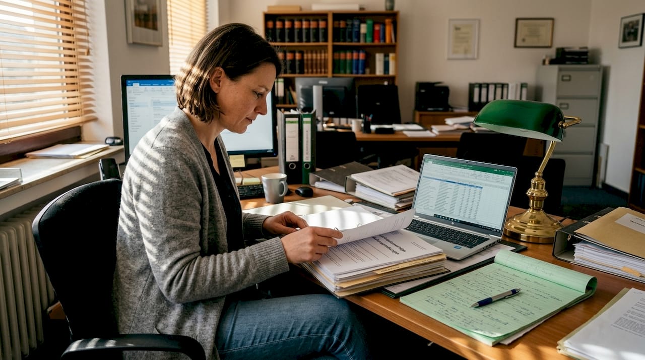 Eine Geschäftsfrau prüft Verträge und Unterlagen sorgfältig.