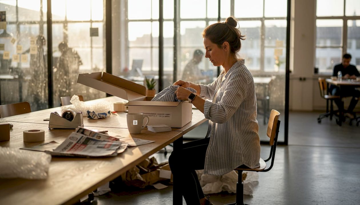 Eine Mitarbeiterin sortiert Retouren und hat dabei Rabattprospekte um sich herum.