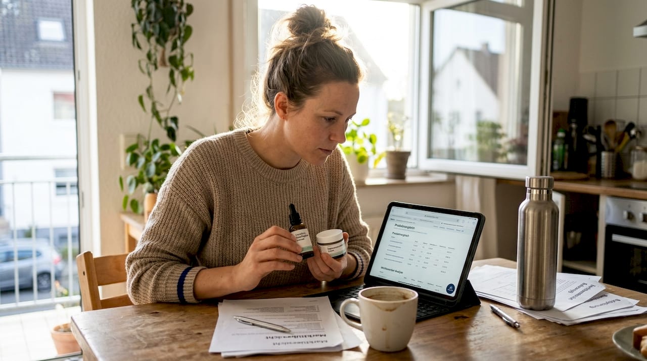 Eine Gründerin sitzt am Küchentisch und stöbert nach neuen Produktideen.