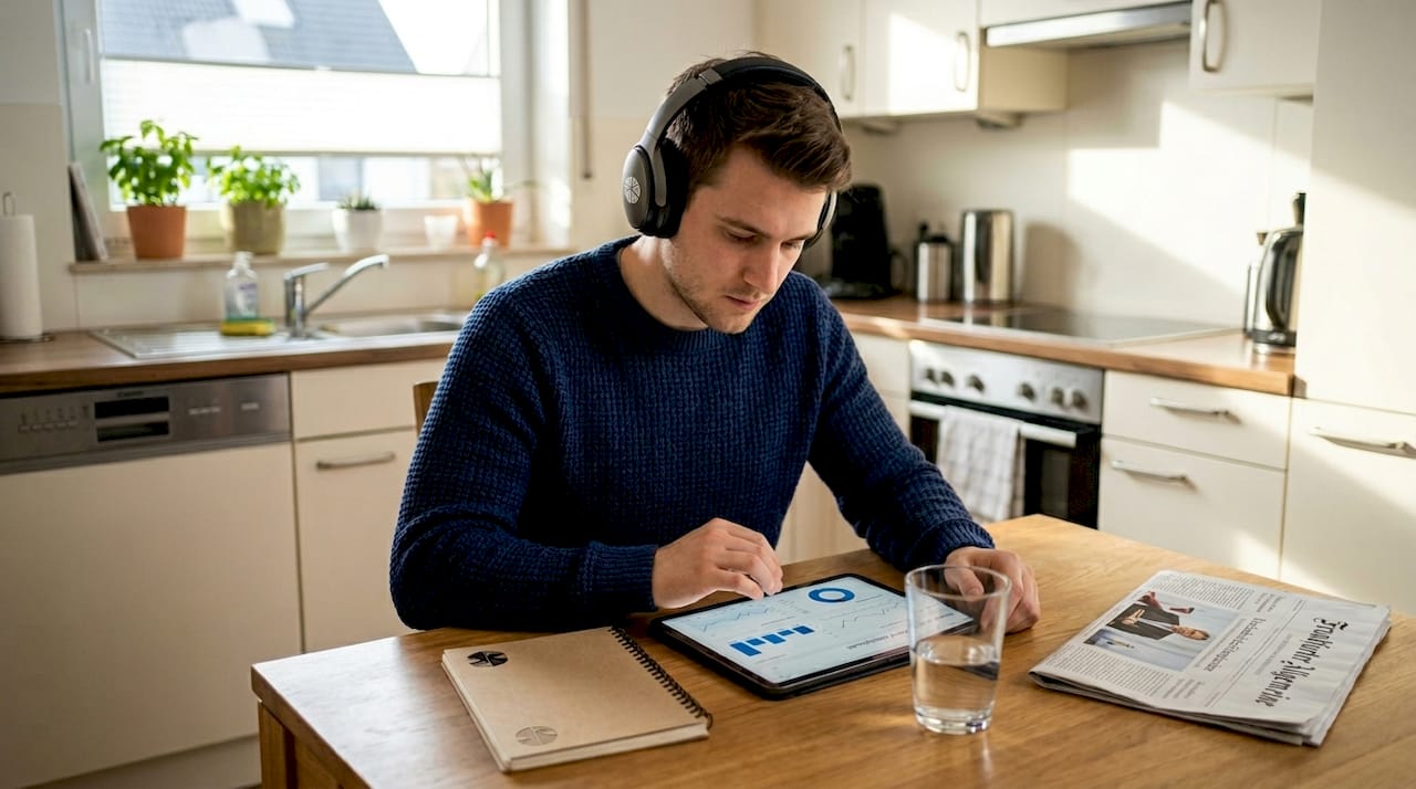 Ein Mann analysiert zu Hause die Kennzahlen seiner Kosmetikmarke.