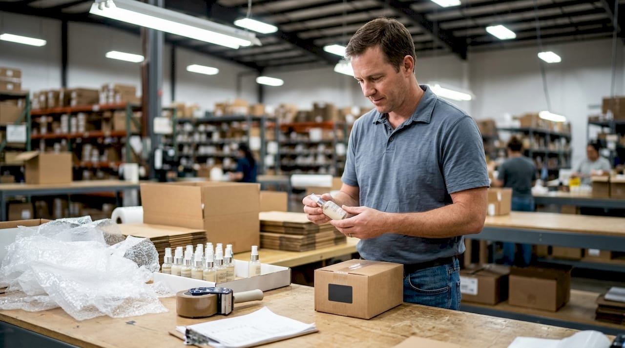 Mitarbeiter verpackt Gesundheits- und Pflegeprodukte