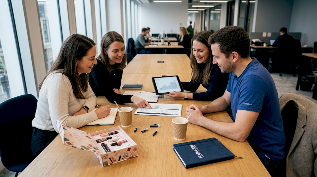Am Coworking-Tisch tauscht sich das Team über Strategien für eine hochwertige Markenpositionierung aus.