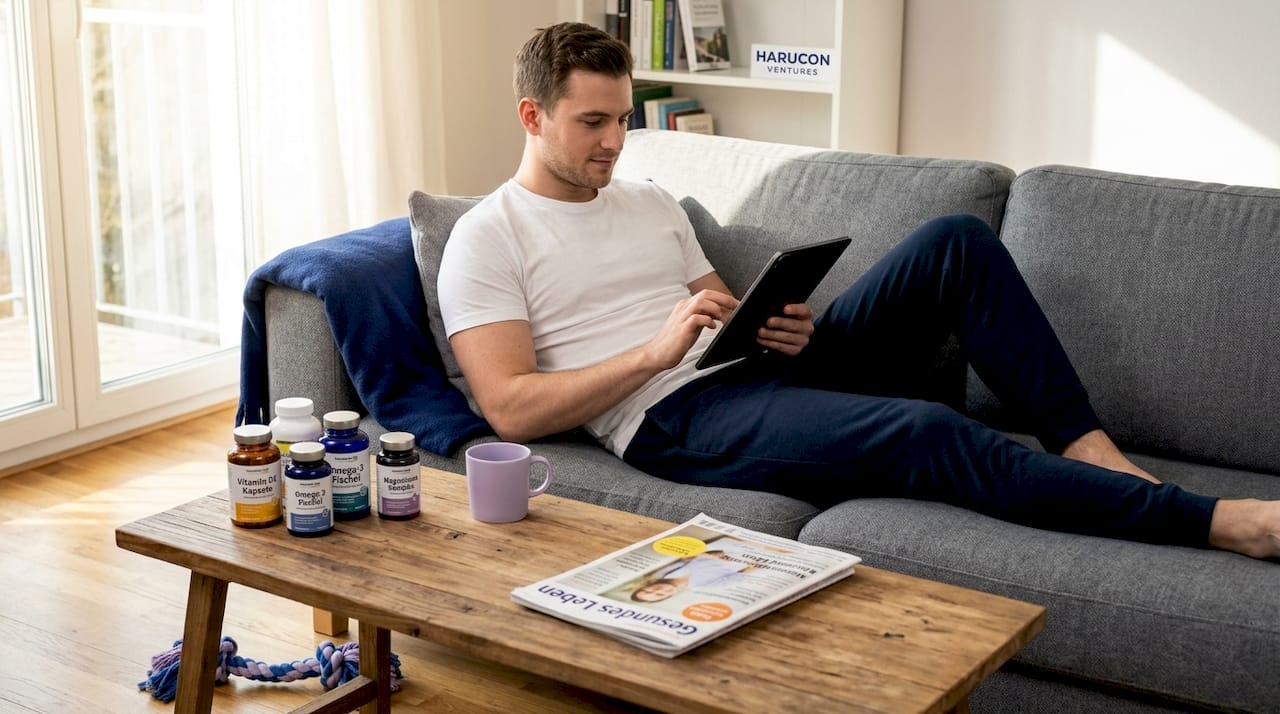 Ein Mann bestellt von zu Hause aus Wellness-Produkte im Internet.