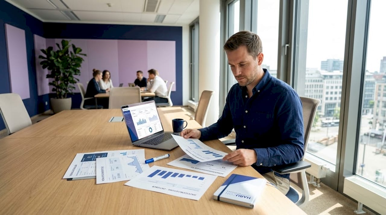 Ein E-Commerce-Manager sitzt am Schreibtisch und wertet die Ergebnisse der Werbekampagnen aus.