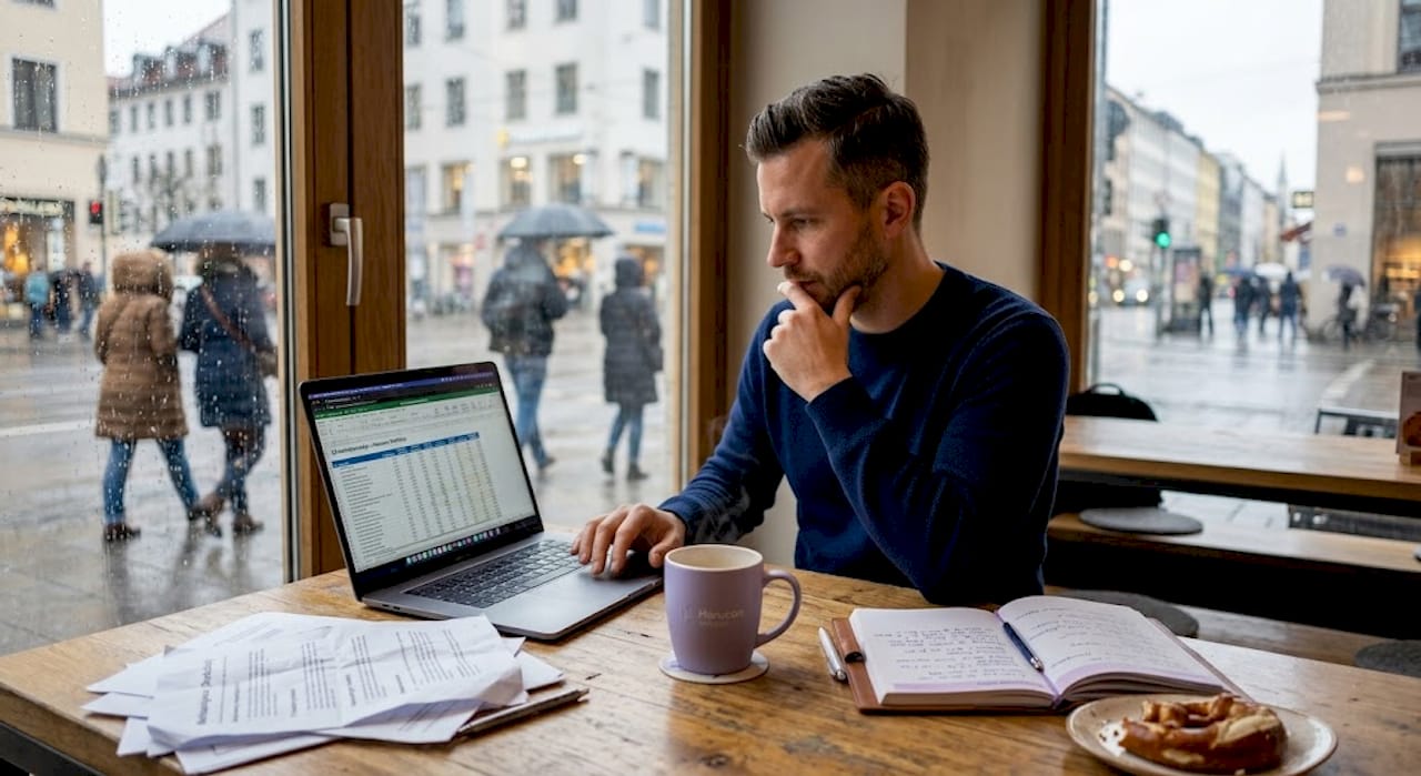 Ein Gründer sitzt am Schreibtisch, vertieft in seinen Businessplan, der Laptop griffbereit.